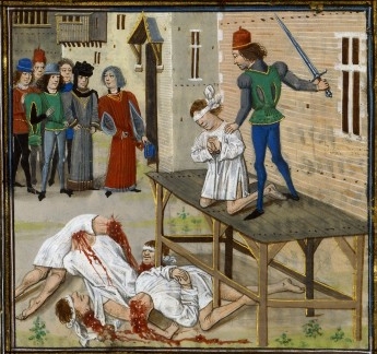 Exécution d’Olivier IV de Clisson en 1343. Illustration by Loyset Liédet (c. 1400s). PD-100+; PD-1923. Wikimedia Commons.