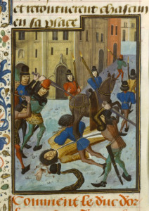 Assassination of Louis, Duke of Orléans. Illustration by unknown (c. 1470-1480). Bibliothèque nationale de France. PD-100+. Wikimedia Commons.