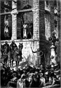 The Execution of Enguerrand de Marigny, hanged on the public gallows at Montfaucon, Paris. Engraving by Alphonse de Neuville (1883). PD-100+ Wikimedia Commons.