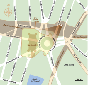 Overlay of Bastille location on contemporary map. Overlay by Locomotion Creative (2014). Author’s collection.