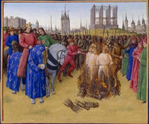 Heretics burning before King Philip II of France. Gibbet of Montfaucon in the background. Illustration by Jean Fouquet (c. 1455-1460). Bibliothèque nationale de France, Paris. PD-100+ Wikimedia Commons.
