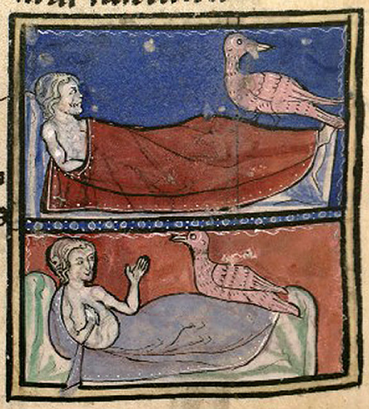 Caladrius. Top panel: Caladrius looks away from sick man, indicating he will die. Bottom panel: Caladrius looks towards much happier man, who will recover. Painting on wood panel by anonymous (1250–1260). Photo by Medieval Bestiary (2009). PD-100+ Wikimedia Commons.