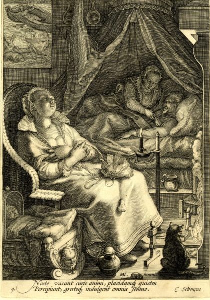A bedroom with a couple in bed under a canopy, a maid asleep in a chair. Engraving by Jan Saenredam (c. 1595). British Museum. PD-70+  Wikimedia Commons.