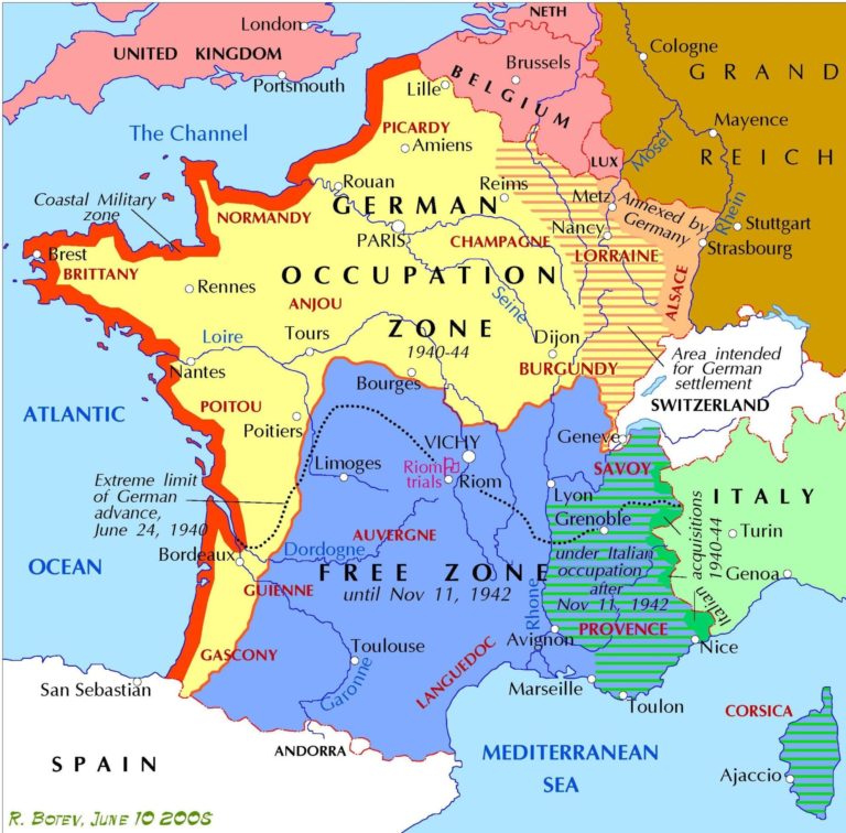 Map of Vichy France divided into Occupied and Unoccupied Territories ...