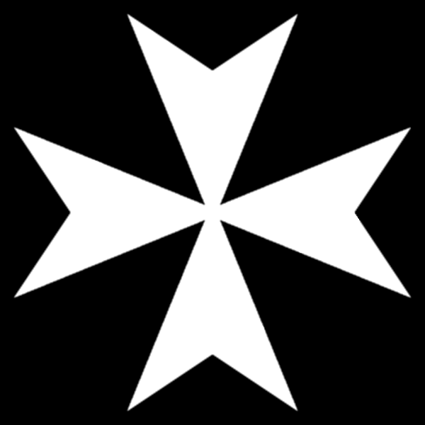 Cross of the Knights Hospitaller: a white Malta cross on the black background. Illustration by Own Work (2009). PD-Author’s release. Wikimedia Commons.