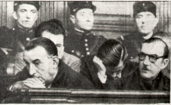 Pierre Bonny (on the right) and Henri Lafont (on the left) during their trial in the Cour de justice de la Seine, on 11 December 1944. Photo by anonymour (11 December 1944). Libération. PD-Expired Copyright. Wikimedia Commons.
