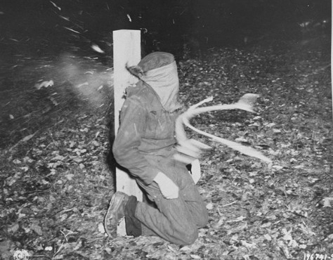 A collaborator is executed by French police. Photo by USHMM (November 1944). Courtesy of National Archives. PD-USHMM. Wikimedia Commons.