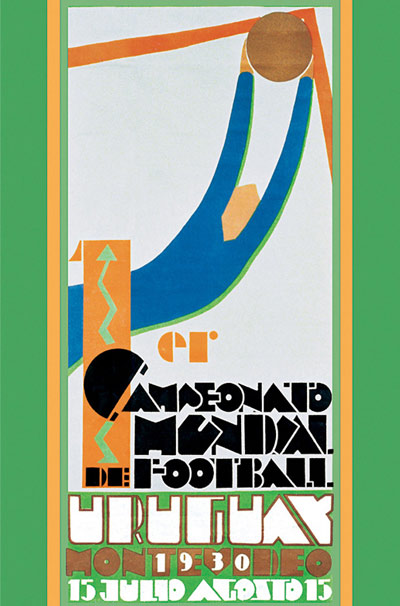 Official poster of the 1930 Football World Cup in Uruguay. Illustration by Guillermo Laborde (c. 1930). PD-70+ Wikimedia Commons.