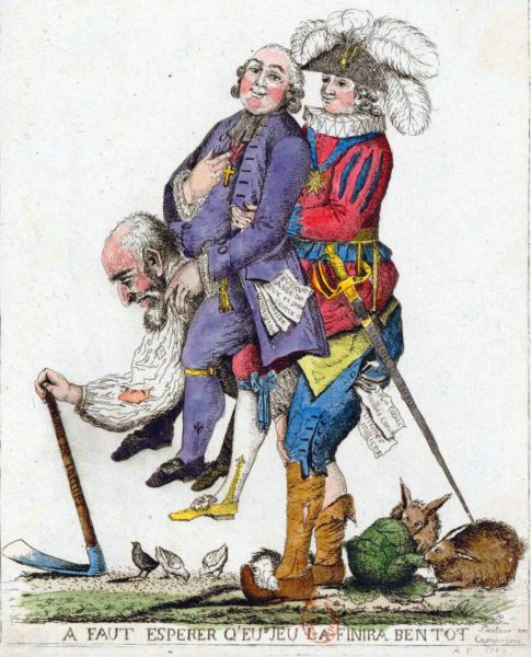 The Third Estate carrying the Clergy and the Nobility on its back. Illustration by anonymous (c. 1789). PD-100+. Wikimedia Commons. 