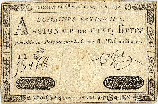 A five livres Assignats issued 27 June 1792. Photo by Sanao (date unknown). PD-70+. Wikimedia Commons.