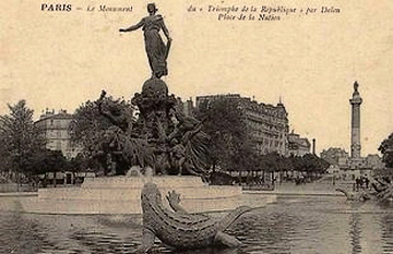 The Triumph of Republic. Notice the alligator in the foreground of the water basin. Sculpture by Jules Dalou (1899) and sculpture of sea monsters by Georges Gardet. Postcard photo by anonymous (c. 1920). PD-70+. Wikimedia Commons. 