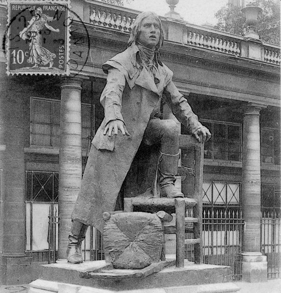 Bronze statue of Camille Desmoulins located in the gardens of the Palais Royal, Paris. Postcard photo by anonymous (c. 1906). Author’s collection.