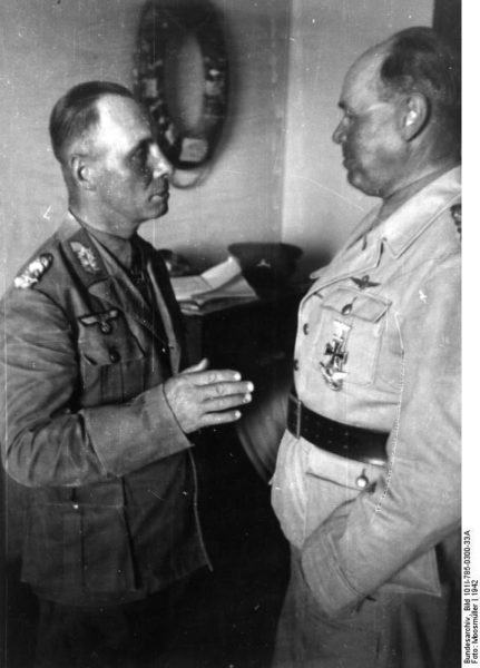 German Field Marshals Erwin Rommel (left) and Albert Kesselring (right) conferring in North Africa. Photo by Moosmüller (1942). Bundesarchiv, Bild 101I-785-0300-33A/Moosmüller/CC-BY-SA 3.0. Wikimedia Commons. 