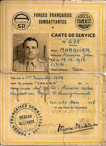 Card issued in 1948 identifying François Marquier (1912−1973) as a member of the Réseau Alliance. Notice it has been signed by Marie-Madeleine in the lower right corner. Photo by Rmarquier (2010). PD-Creative Commons Attribution-Share Alike 3.0 Unported. Wikimedia Commons. 