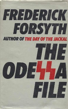 Copy of first edition cover of Forsyth novel, “The ODESSA File.” Photo by anonymous (c. 1972). PD-Low-resolution purpose for discussing book. Wikimedia Commons. 