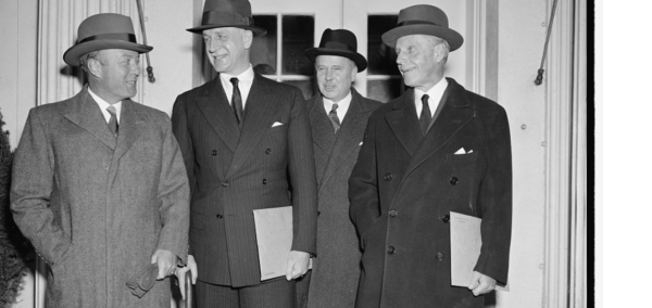Ambassadors in Washington D.C. to confer with President Roosevelt. Left to right: Ambassador to France William Bullitt, Acting Secretary of State Sumner Welles, Ambassador to Germany Hugh Wilson, and Ambassador to Italy William Phillips. Photo by anonymous (6 December 1938). PD-US Government. Wikimedia Commons.