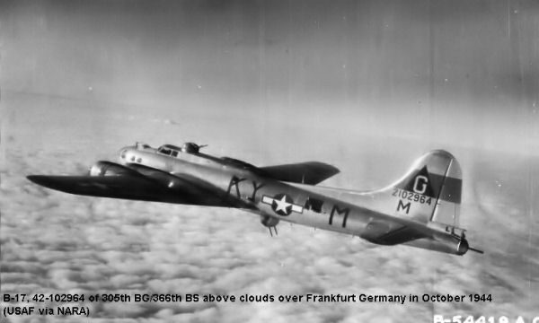 B-17G Serial 42-102964 of the 305th Bomb Group, based at RAF Chelveston, over Frankfurt, Germany. Photo by anonymous (October 1944). National Archives. PD-USGOV. Wikimedia Commons. 