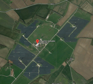 Aerial view of Chelveston renewable energy park, once the site of RAF Chelveston air field. Photo by anonymous (date unknown). Google screen shot. 