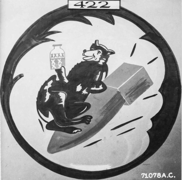 Official logo of the 422d bomb squadron. The drunken fox is holding a bottle labeled xxxx (4) xx (2) xx (2). Photo courtesy of a friend.