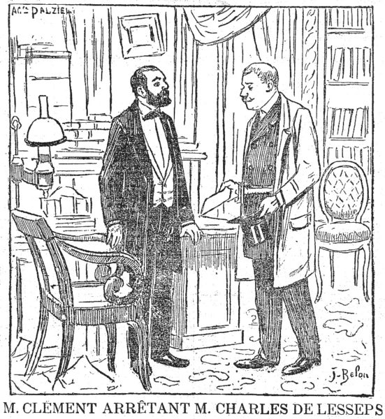 Monsieur Clément arrests M. Charles de Lesseps. Illustration by Jose Belon (17 December 1892). La Presse. PD-Scanned Image. Wikimedia Commons. 