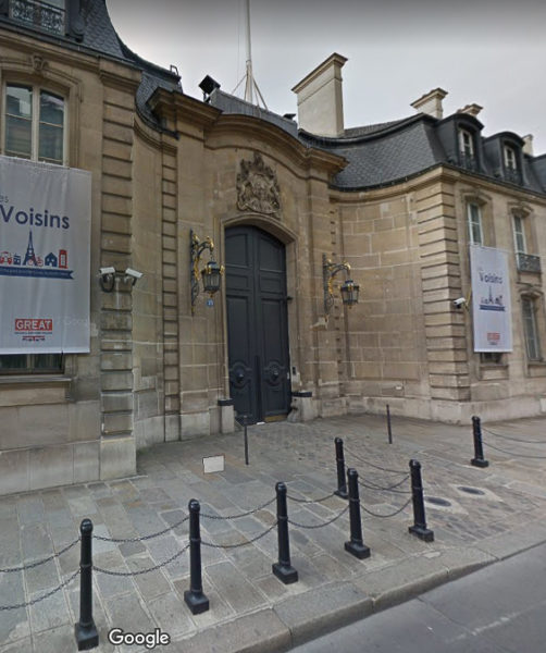 Contemporary image of entrance to Hôtel de Charost. Now part of the British Embassy. Located at 39, rue du Faubourg Saint-Honoré. Photo by Google Maps (2018). 
