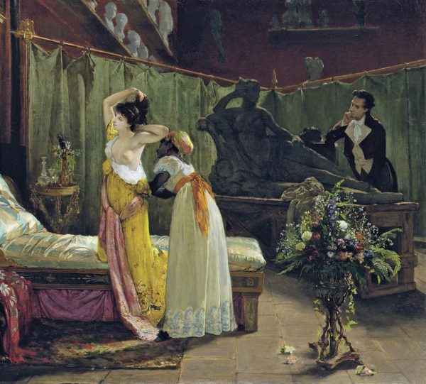 Paulina Borghèse in Antonio Canova’s studio. Oil painting by Lorenzo Valles (date unknown). Christies. PD-Published before 1 January 1923. Wikimedia Commons. 