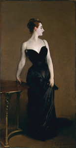 Portrait of Madame X (Madame Pierre Gautreau) submitted to the 1884 Paris Salon. This is the later version (after the exhibit was finished) where the artist has painted in the strap on her right shoulder. Painting by John Singer Sargent (1883-1884). Metropolitan Museum of Art. PD-80+. Wikimedia Commons. 