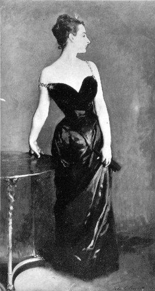 Photo of the original portrait Madame X with the hanging strap. Painting by John Singer Sargent (1884). Photo by anonymous (c. 1884). Metropolitan Museum of Art. PD-70+. Wikimedia Commons. 