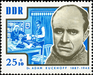 East German (DDR) stamp honoring Adam Kuckhoff. Photo by Nightflyer (2009). Stamp design by unknown (1964). Wikimedia Commons. 