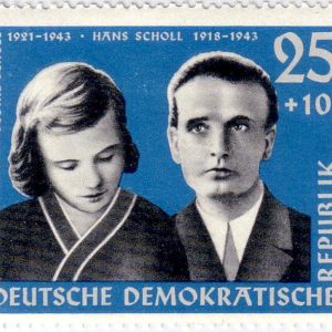 German Democratic Republic stamp memorializing Sophie Scholl and her brother, Hans. Scanned by Radzuweit (stamp issued in 1961). Wikimedia Commons. 