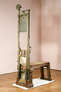 Photo of original guillotine used by the Nazis at Plötzensee Prison. It was discovered in a storage room at the Bavarian National Museum. It is the guillotine used to execute resistance members of the White Rose and the Rote Kapelle. Photo by anonymous (sometime after January 2014). 