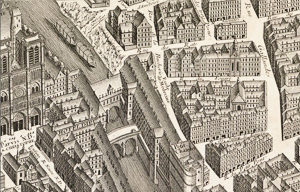 Rue des Rats (top center). Today known as Rue de l’Hôtel-Colbert. Note the proximity to the river. Map by Louis Bretez (c. 1739). PD-70+. Wikimedia Commons. 