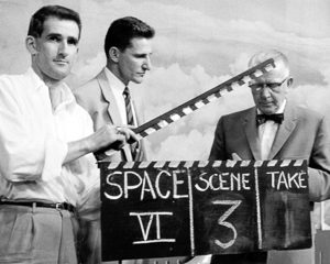 Scene set-up for television program. Hubertus Strughold is on the far right. Photo by KUHT (c. 1953). University of Houston Libraries. PD-Author release. Wikimedia Commons. 