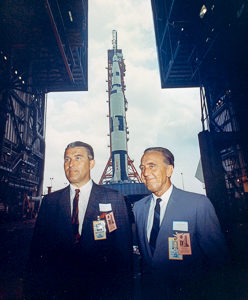 Dr. Wernher von Braun (left) and Dr. Kurt Debus (right), director of Kennedy Space Center, attend the Saturn 500F rollout. Photo by NASA (26 May 1966). PD-U.S. Government. Wikimedia Commons. 