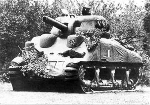 An inflatable “dummy” M4 Sherman tank. Photo by anonymous (c. 1943). PD-U.S. Government. Wikimedia Commons. 