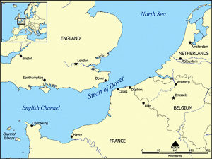 Map reflecting location of Strait of Dover and Calais. Map by Norman Einstein (2005). PD-GNU Free Documentation. Wikimedia Commons. 