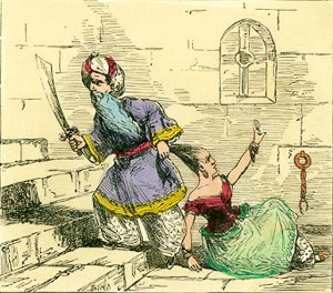 Bluebeard dragging his last wife. Illustration by anonymous (c. 1889). From the History of Bluebeard—Edmund Evans, printer. University of Florida. PD-100+. Wikimedia Commons. 