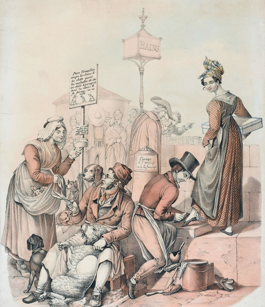 Street vendors on the Seine in Paris: a pet groomer, a shoe shiner, and a bookstall. Illustration by anonymous (date unknown). Wellcome Library, London. PD-CCA 4.0 International. Wikimedia Commons.