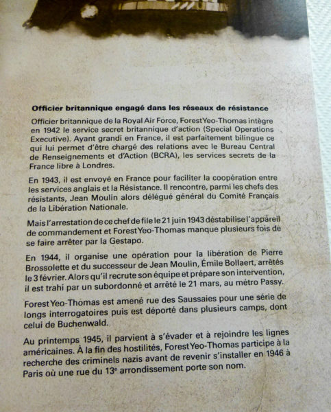 Bottom of poster with the story of Yeo-Thomas’s arrest, imprisonment, and torture by the Nazis. Photo by Raphaëlle Crevet (2016).