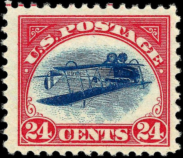 US Airmail stamp: Inverted Jenny Air Mail issue of 1918, 24 cents. Photo by Bureau of Engraving and Printing (1918). United States Post Office Department. PD-US Government. Wikimedia Commons.