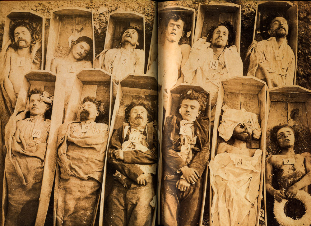 Corpses of executed Communards. Photo by anonymous (c. May 1871). PD-100+. Wikimedia Commons.