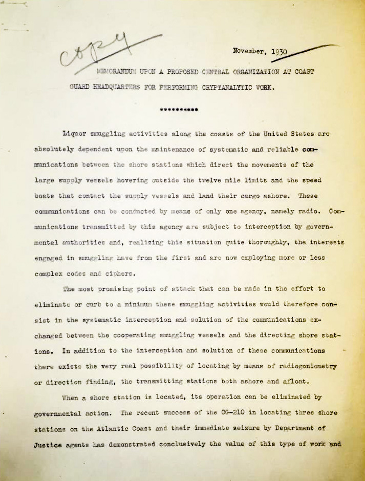 Elizebeth Friedman’s proposal memorandum to establish a central organization for performing cryptanalytic work. Photo by anonymous (November 1930). National Archives and George C. Marshall Foundation.