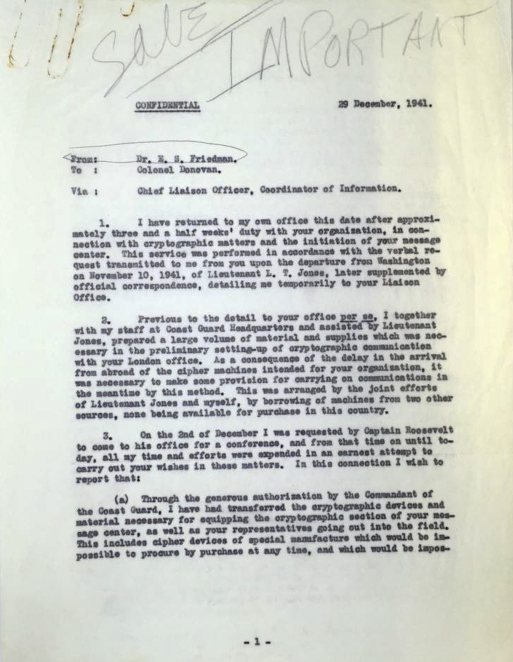 Memorandum from Elizebeth to OSS and Wild Bill Donovan explaining how Unit 387 broke the codes for dozens of Nazi radio circuits. Photo by anonymous (date unknown).