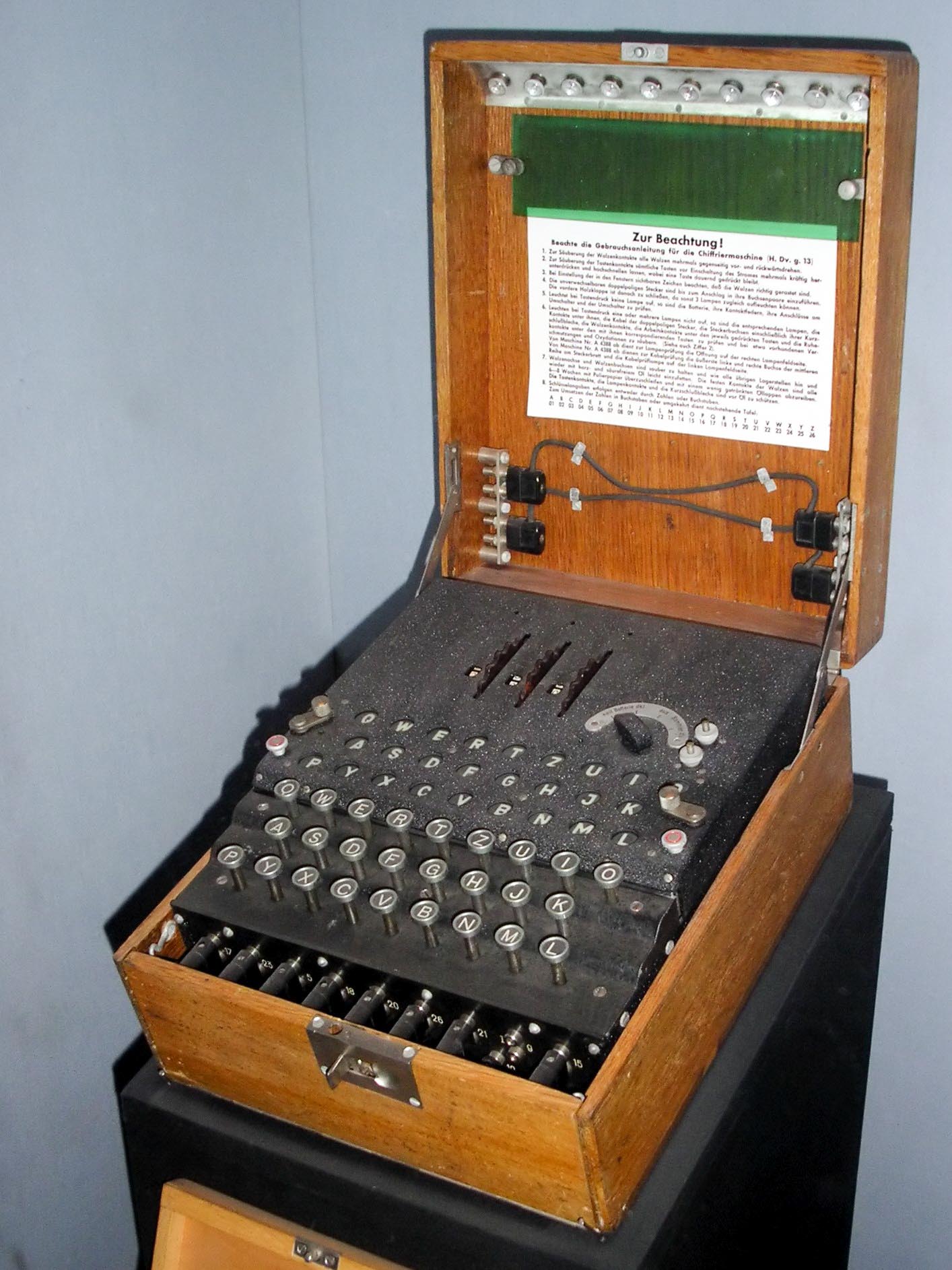 Enigma machine at the Imperial War Museum, London. Photo by Karsten Sperling (2004). PD-Author release. Wikimedia Commons.