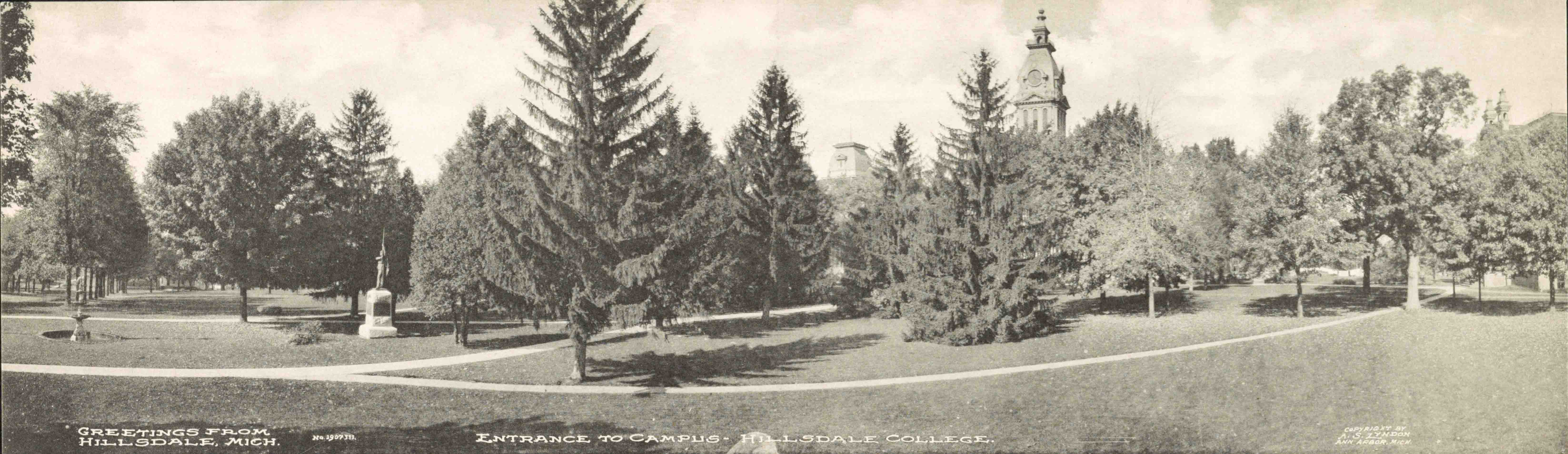 Greetings from Hillsdale, Michigan. Entrance to campus, Hillsdale College. Photo by A.S. Lyndon (c. 1908). Library of Congress. PD-No known restrictions. Wikimedia Commons.