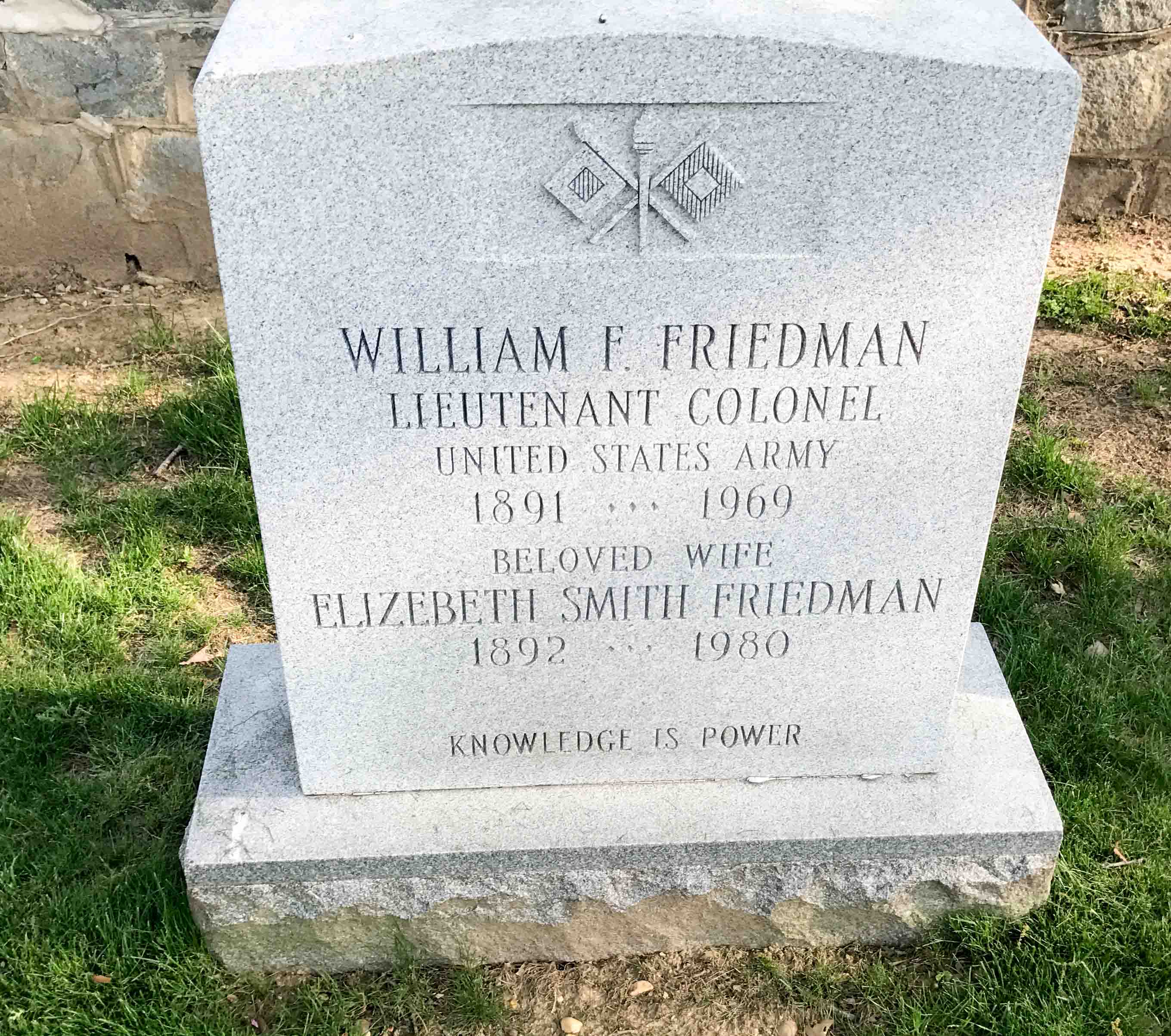 William and Elizebeth’s gravestone at Arlington National Cemetery. Can you see the inscription at the bottom? Photo by Elonka Dunin (2017).