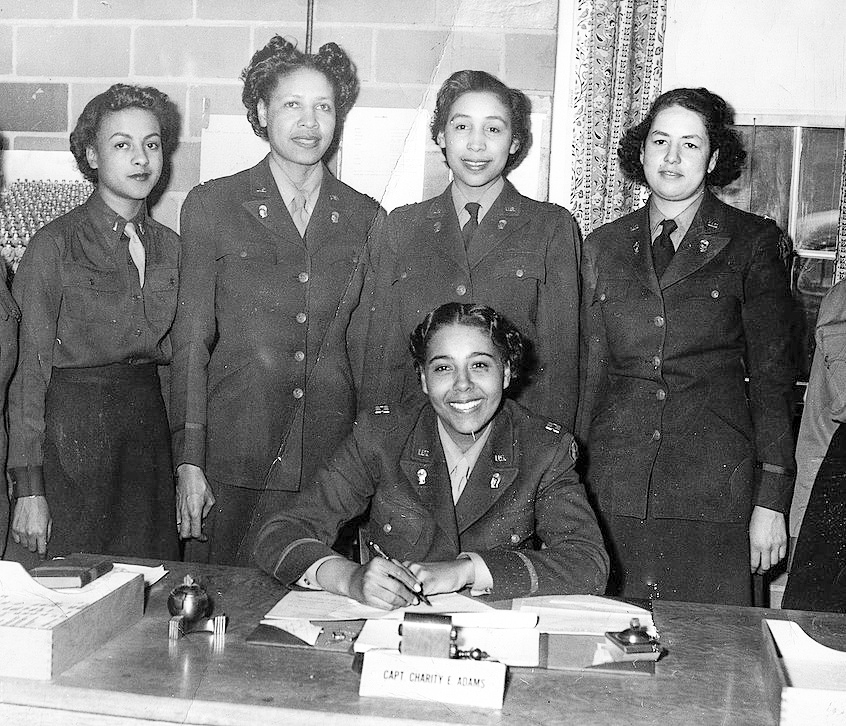 Captain Charity Adams and officers of the 6888th Battalion. Photo by anonymous (c. 1944). PD-U.S. Government.