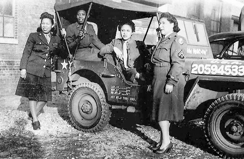 Four members of the 6888th. On 8 July 1945, PFC Mary J. Barlow, PFC Mary H. Bankston, and Sgt. Dolores M. Browne were killed in a jeep accident. Photo by anonymous (c. 1945). PD-U.S. Government.