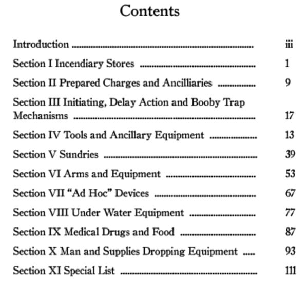 Contents page of “Descriptive Catalogue of Special Devices and Supplies.”