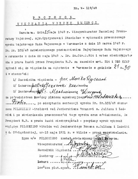 Witold Pilecki death certificate from execution carried out by Piotr Śmietański in 1948. Photo by anonymous (c. 1948). PD- Polish Copyright Law Act. Wikimedia Commons.